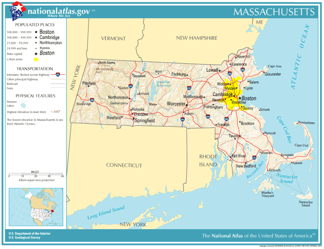 Prominent roads and cities in Massachusetts