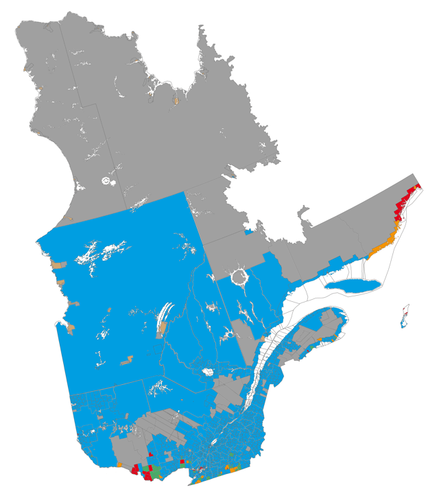 Linguistic map of the province of Quebec (source: Statistics Canada, 2006 census)   Francophone majority, less than 33% Anglophone   Francophone majority, more than 33% Anglophone   Anglophone majority, less than 33% Francophone   Anglophone majority, more than 33% Francophone   Allophone majority (indigenous)   Data not available