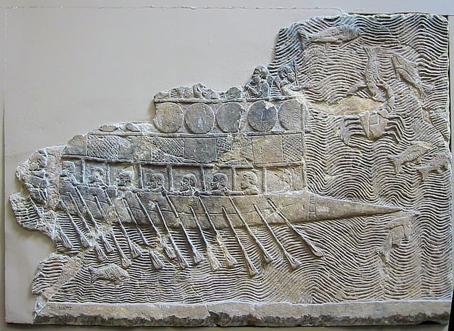 Assyrian warship (probably built by Phoenicians) with two rows of oars, relief from Nineveh, c. 700 BC.