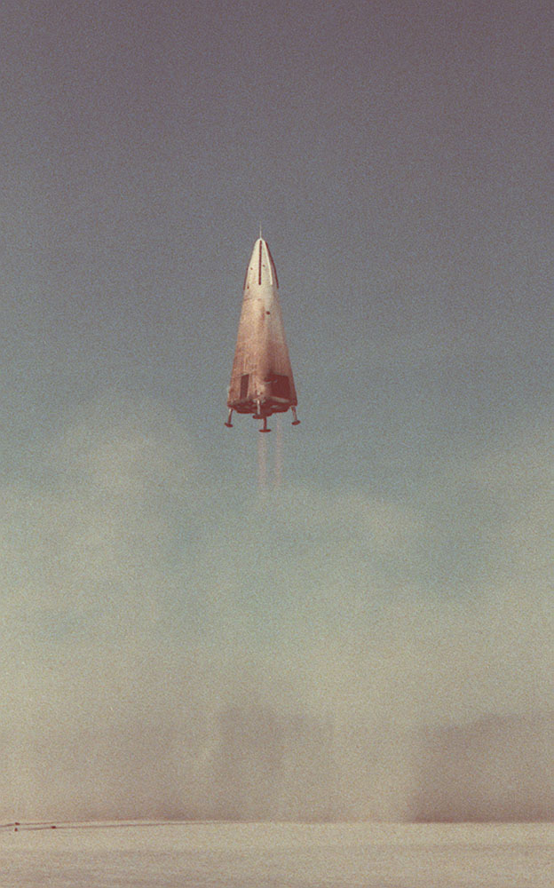 The DC-X, shown during its first flight, was a prototype single stage to orbit vehicle, and used a biconic shape similar to AMaRV.