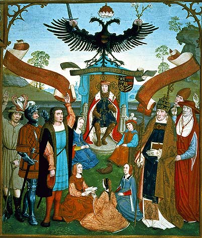 The hommage ceremony of the estates to the emperor (depiction from the Liber missarum of Margaret of Austria, 1515)