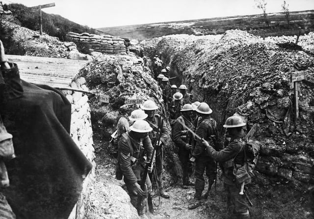 Men of the 1st Battalion, Lancashire Fusiliers in a communication trench near Beaumont Hamel, 1916. Photo by Ernest Brooks.