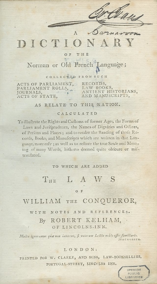 Kelham's Dictionary of the Norman or Old French Language (1779), defining Law French, a language historically used in English law courts