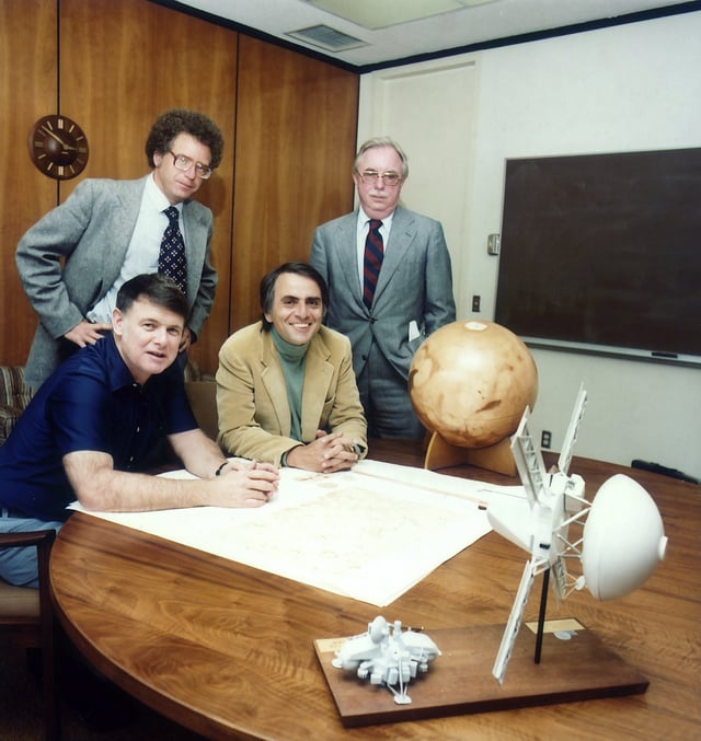 The Planetary Society members at the organization's founding. Carl Sagan is seated on the right.