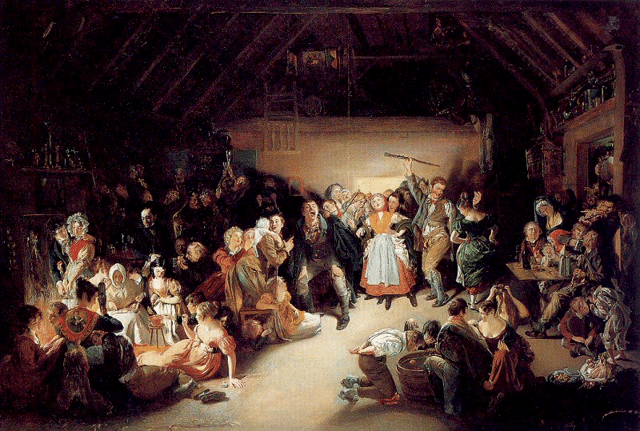 Snap-Apple Night, painted by Daniel Maclise in 1833, shows people feasting and playing divination games on Halloween in Ireland.