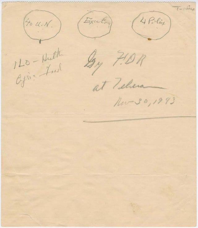 1943 sketch by Franklin Roosevelt of the UN original three branches: The Four Policemen, an executive branch, and an international assembly of forty UN member states