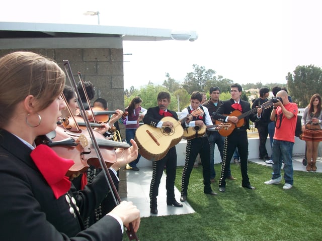 Mariachi group playing at the 10th anniversary celebration of Wikipedia in Guadalajara. Mariachi is a musical expression inscribed in the UNESCO Intangible Cultural Heritage List in 2011.