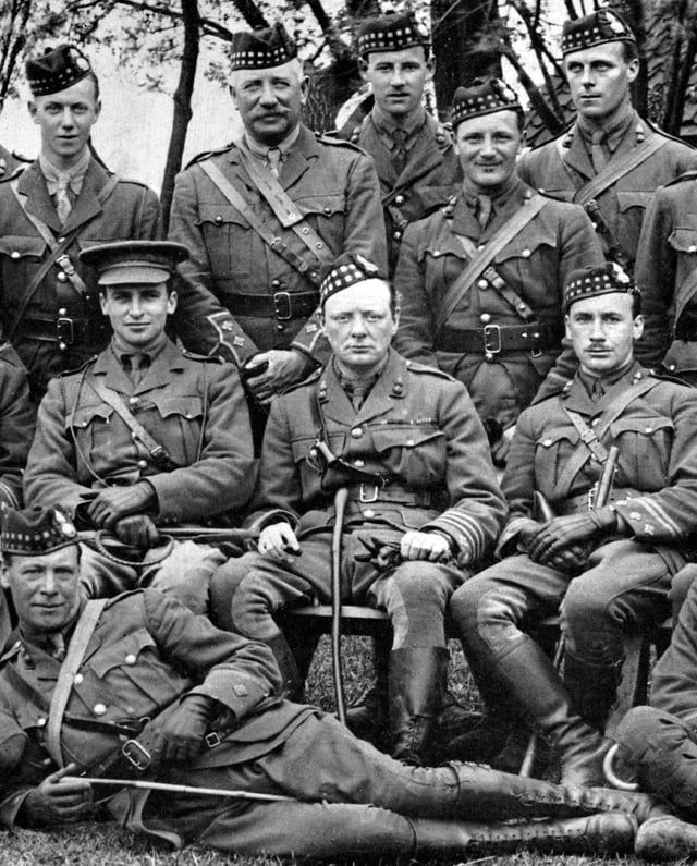 Churchill commanding the 6th Battalion, the Royal Scots Fusiliers, 1916. His second-in-command, Archibald Sinclair, sits to the left.