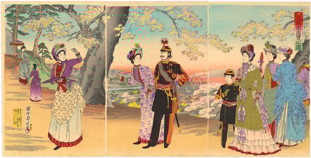 Crown Prince Tōgu with his father and mother strolling in Asukayama Park accompanied by ladies of the court. Colour woodblock print by Yōshū Chikanobu, 1890