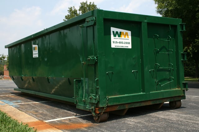 A Waste Management rolloff container in Durham, North Carolina.