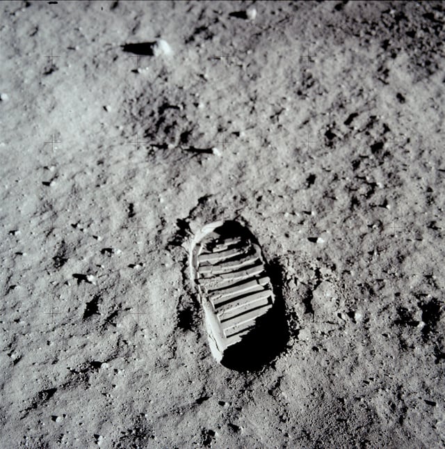 Aldrin bootprint; part of an experiment to test the properties of the lunar regolith