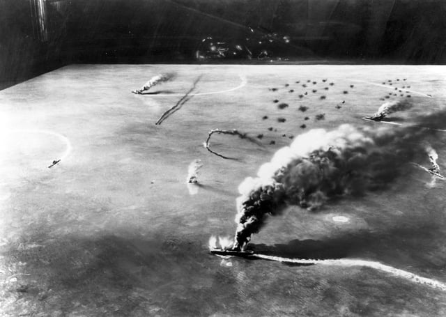 Battle of Midway. Model representing the attack by dive bombers from USS Yorktown and USS Enterprise on the Japanese aircraft carriers Sōryū, Akagi and Kaga in the morning of June 4, 1942.