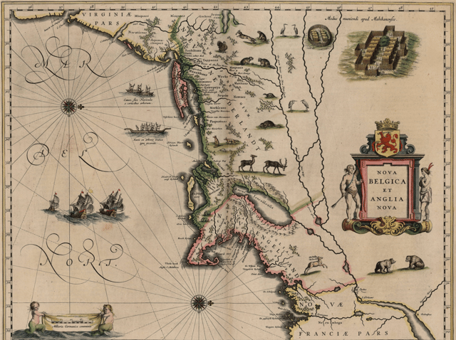 Map of New Netherland and New England, with north to the right