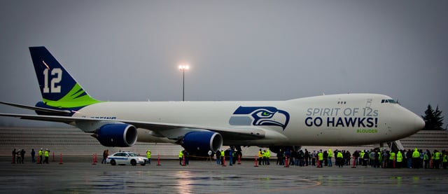 A Boeing 747-8F painted in 12th man livery for the team's Super Bowl appearance.