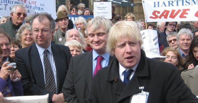 Johnson on a demonstration against hospital closures with Liberal Democrat MP John Hemming (left) and Conservative MP Graham Stuart (centre) in March 2006