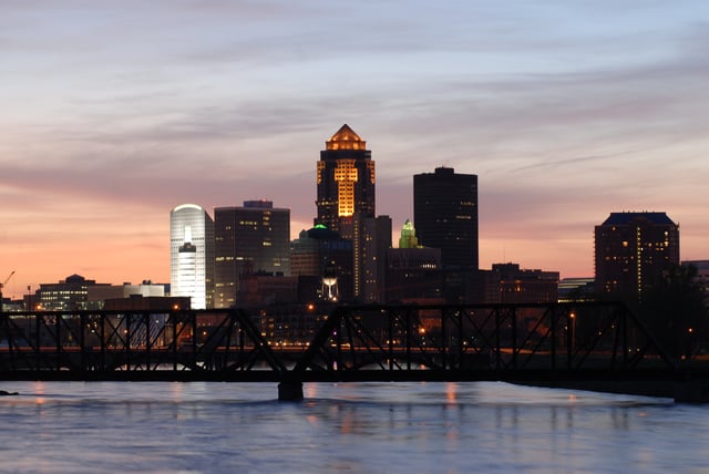 Downtown Des Moines night skyline looking northwest.