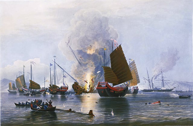 British Steamship destroying Chinese war junks (E. Duncan) (1843)