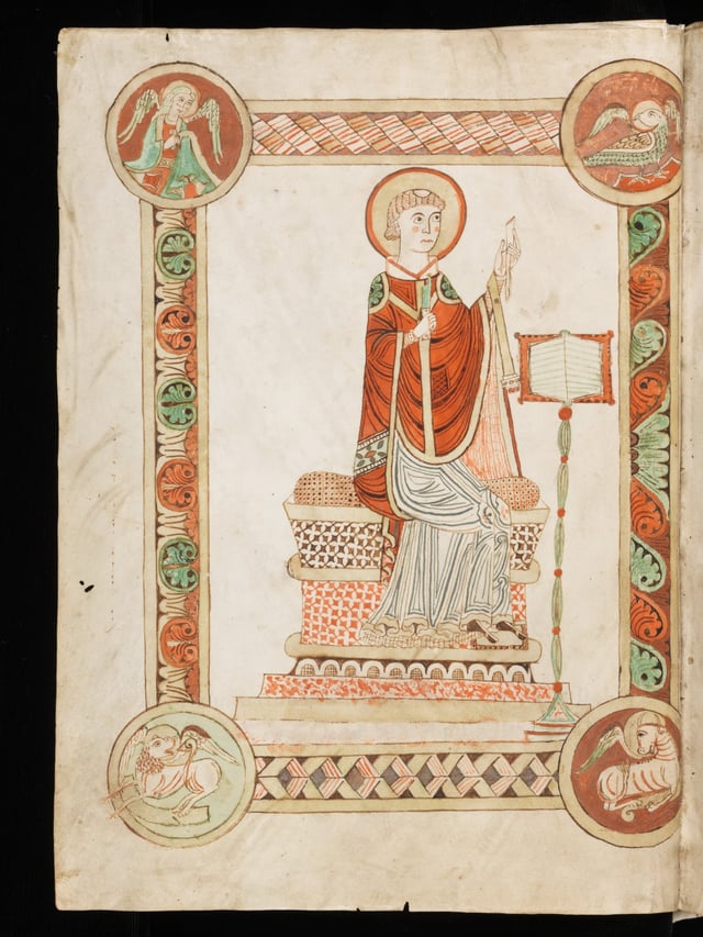 The Venerable Bede writing the Ecclesiastical History of the English People, from a codex at Engelberg Abbey in Switzerland.