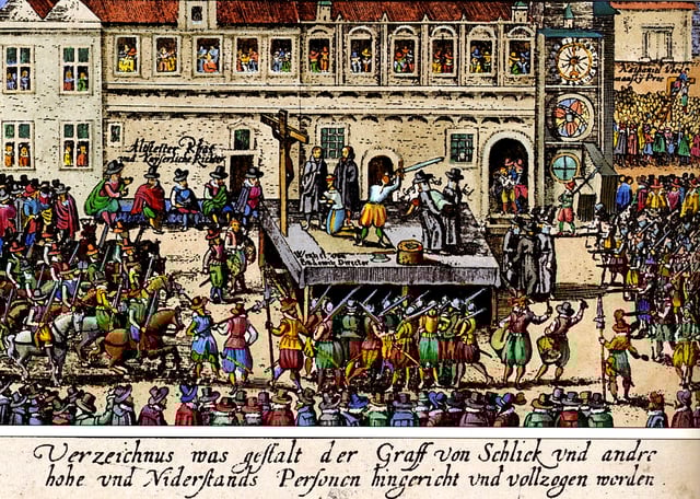 Contemporary woodcut depicting the Old Town Square execution of Protestant aristocrats in Prague, 1621