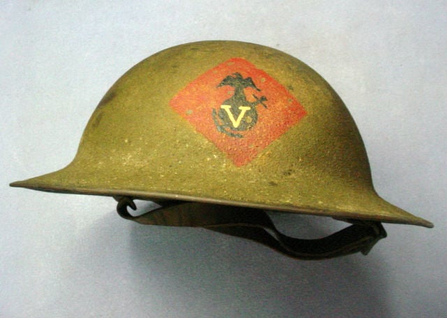 U.S. M1917 combat helmet, a variant of Brodie helmet, made from Hadfield steel manganese alloy.