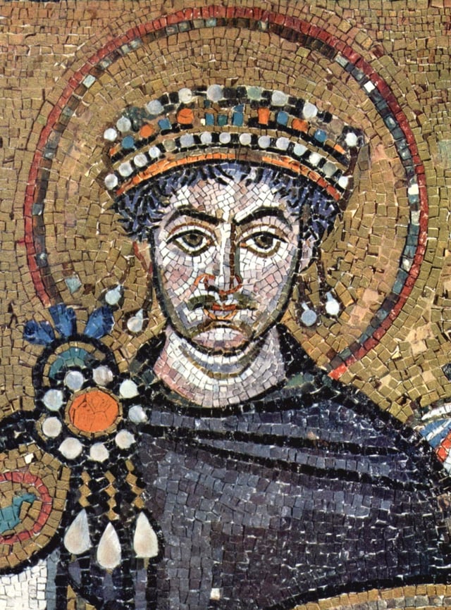 Byzantine Emperor Justinian I clad in Tyrian purple and wearing numerous pearls