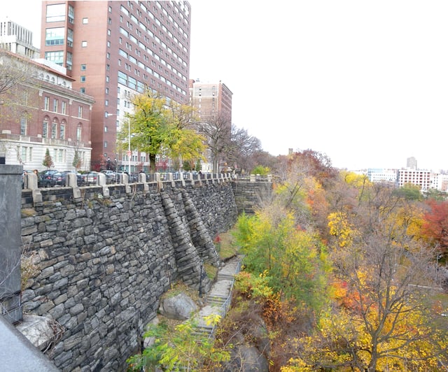 Columbia University buildings on Morningside Drive overlooking Morningside Park