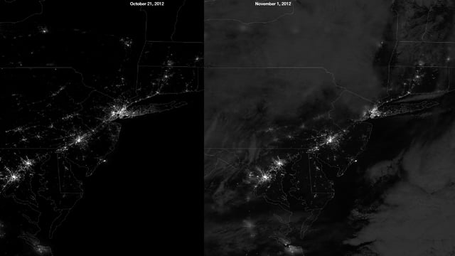 Suomi NPP satellite imagery showing the power outages in New York and New Jersey on November 1 compared to October 21.