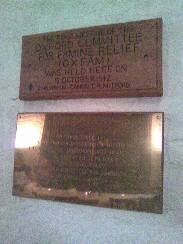 Plaque commemorating first meeting of Oxfam in the Old Library, the University Church, Oxford