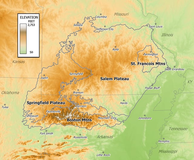 The split between the Springfield Plateau and the Boston Mountains occurs in the center of Washington County, Arkansas very near Fayetteville. The rough, mountainous terrain south of Fayetteville is the Boston Mountains while the more-habitable Springfield Plateau contains the cities of Springdale, Bentonville and Rogers to the north.