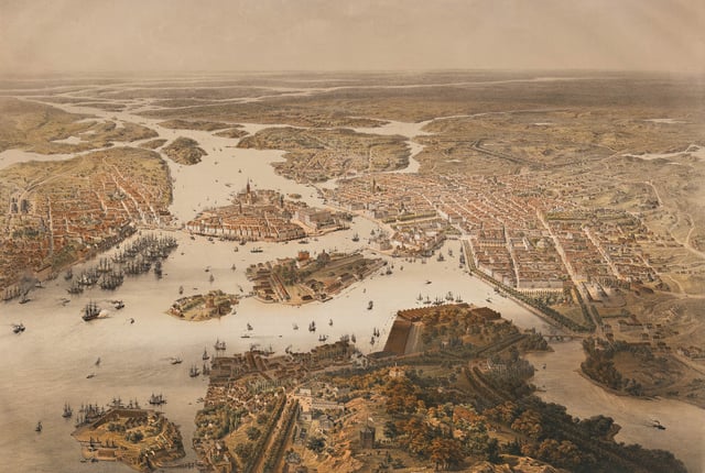 Panorama over Stockholm around 1868 as seen from a hot air balloon.