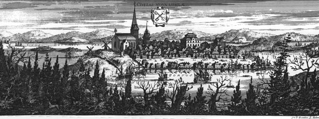 An engraving of Luleå New Town from Suecia Antiqua et Hodierna. The most prominent buildings are the church and the town hall.