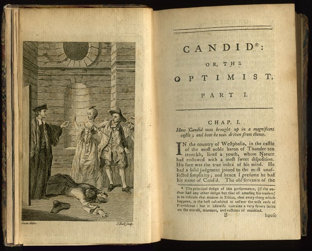 Frontispiece and first page of an early English translation by T. Smollett et al. of Voltaire's Candide