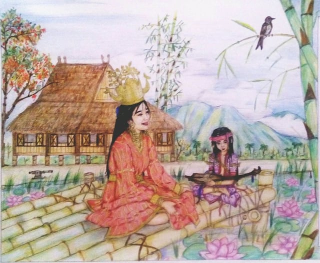 A painting of a young mother and her child belonging to the Maharlika caste. Their abode is the torogan in the background