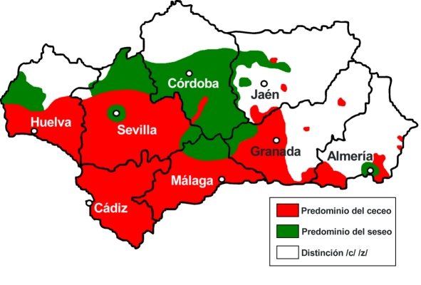 Most Spanish dialects in Spain differentiate between the sound of "z" and "c" (before e and i), pronounced /θ/, and that of "s", pronounced /s/. This distinction is lost in many Andalusian-speaking areas. In some mostly southerly areas, shown here in red, all three letters are pronounced /θ/, which is known as Ceceo. In other areas, all three letters are pronounced (/s/), which is known as Seseo. Still other areas retain the distinction found elsewhere in Spain. Note that the city of Cádiz has seseo.