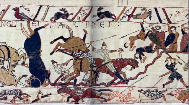 Scene from the Bayeux Tapestry depicting the Battle of Hastings.