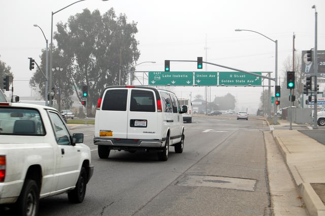 California State Route 178 at M Street near downtown Bakersfield on a foggy day