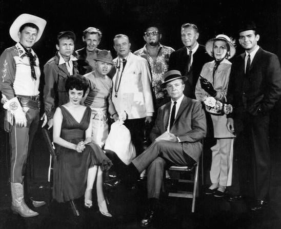 Guest stars for the premiere of The Dick Powell Show. Reagan can be seen wearing a ten-gallon hat on the far left