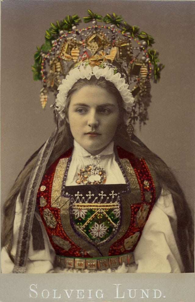 A girl from Hardanger wearing a Norwegian bridal bunad, c. 1900