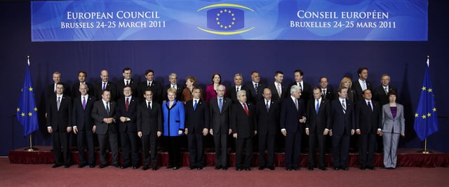 A 2011 'family photo' of the European Council, which comprises the heads of state or government of the member states, along with President of the European Council and the President of the European Commission