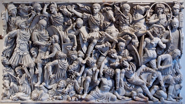 On the Ludovisi sarcophagus, an example of the battle scenes favoured during the Crisis of the Third Century, the "writhing and highly emotive" Romans and Goths fill the surface in a packed, anti-classical composition