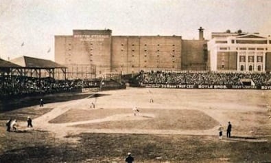 The Huntington Avenue Grounds during a game. Note building from which the famous 1903 "bird's-eye" photo was taken.