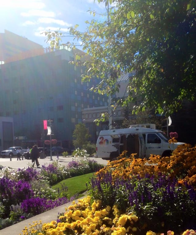 KTUU news van parked at Town Square Park.