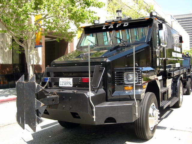 Los Angeles Police Department S.W.A.T. 'Rescue 1' B.E.A.R showing a battering ram attachment.
