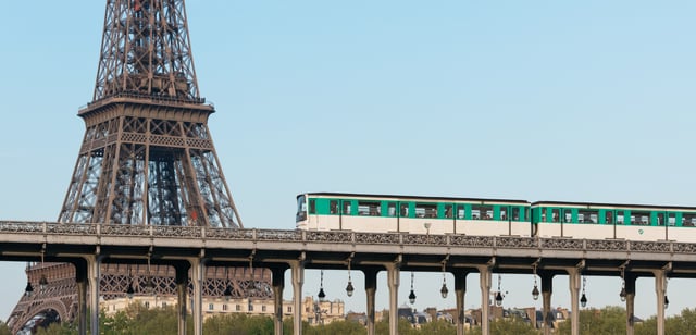Line 6 train running near the Eiffel Tower