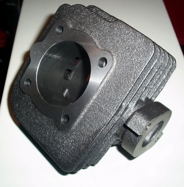 Malossi air-cooled cylinder for two-stroke scooters. The exhaust port is visible to the right.