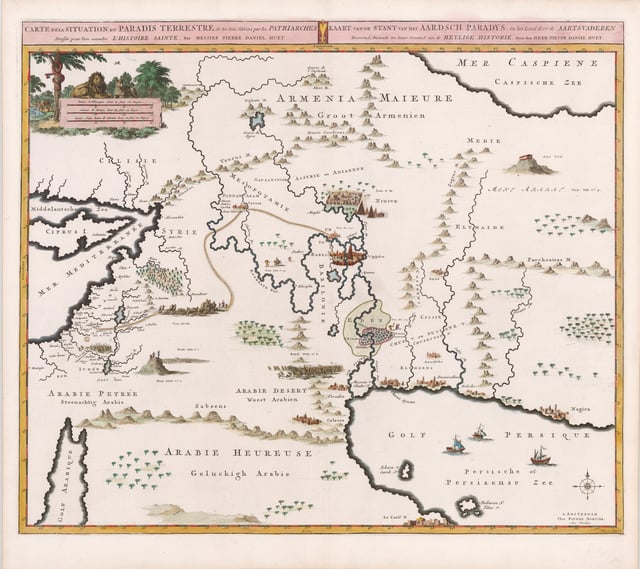 Map by Pierre Mortier, 1700, based on theories of Pierre Daniel Huet, Bishop of Avranches. A caption in French and Dutch reads: Map of the location of the terrestrial paradise, and of the country inhabited by the patriarchs, laid out for the good understanding of sacred history, by M. Pierre Daniel Huet.
