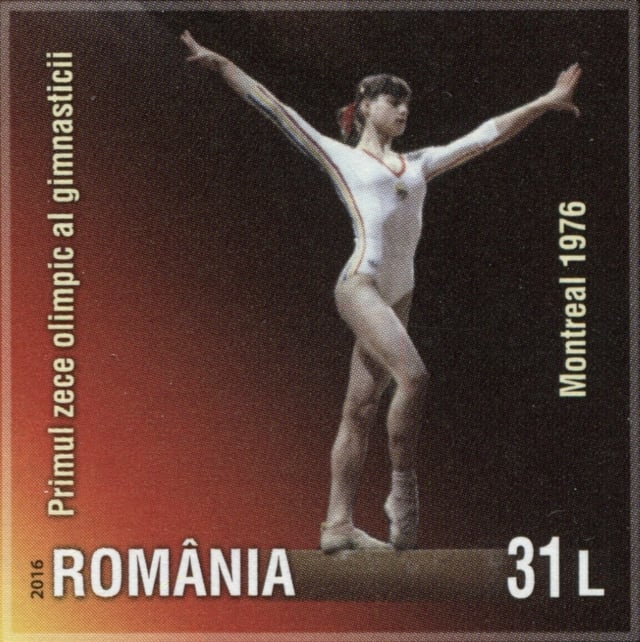 A 2016 Romanian postage stamp showing Comăneci on the balance beam at the 1976 Olympics