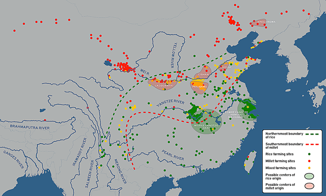 Spatial distribution of rice, millet and mixed farming sites in Neolithic China (He et al., 2017)
