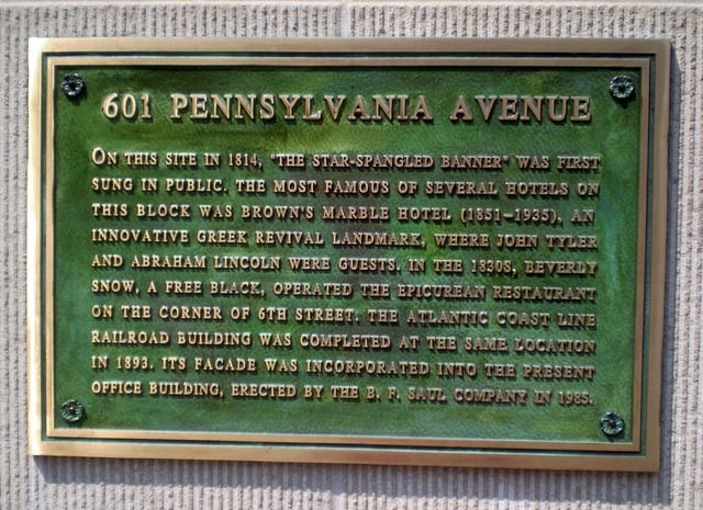 Commemorative plaque in Washington, D.C. marking the site at 601 Pennsylvania Avenue where "The Star-Spangled Banner" was first publicly sung
