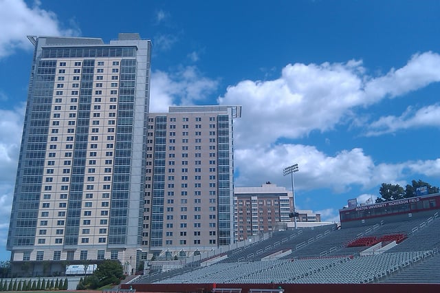 Student Village II with Student Village I in the background, as viewed from Nickerson Field